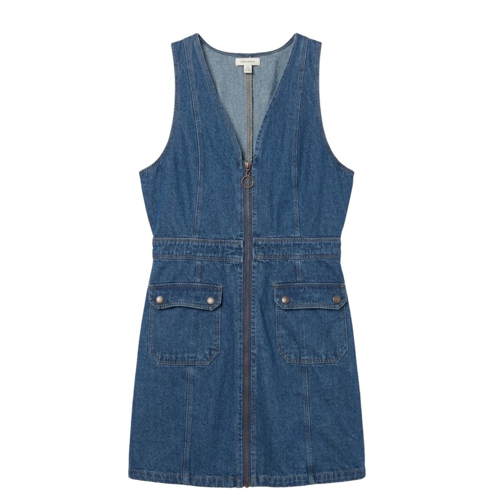 Noble U Women Blue Denim Zip Front Mini Dress Sleeveless V-Neck Large EU0000